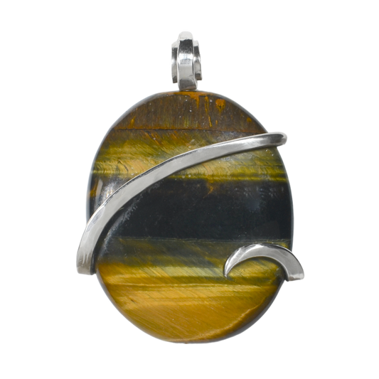 Gold Tiger Eye Handmade Stone Pendant Wrapped in Silver