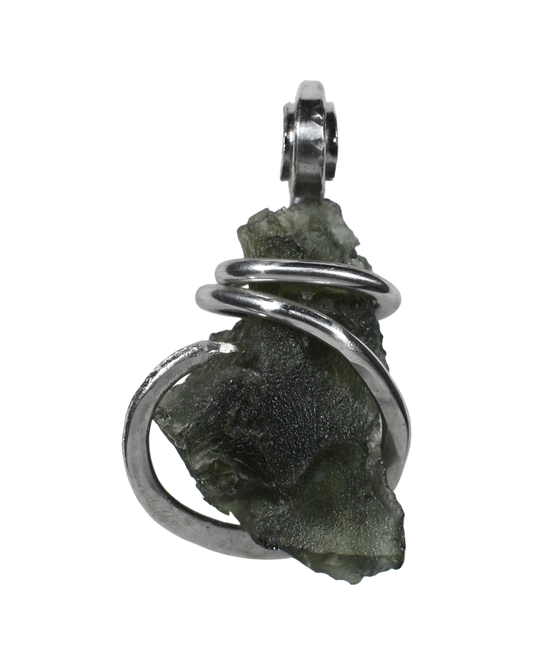 Moldavite Crystal or Tektite (Green Meteorite) Pendant Hand Wrapped in Sterling Silver