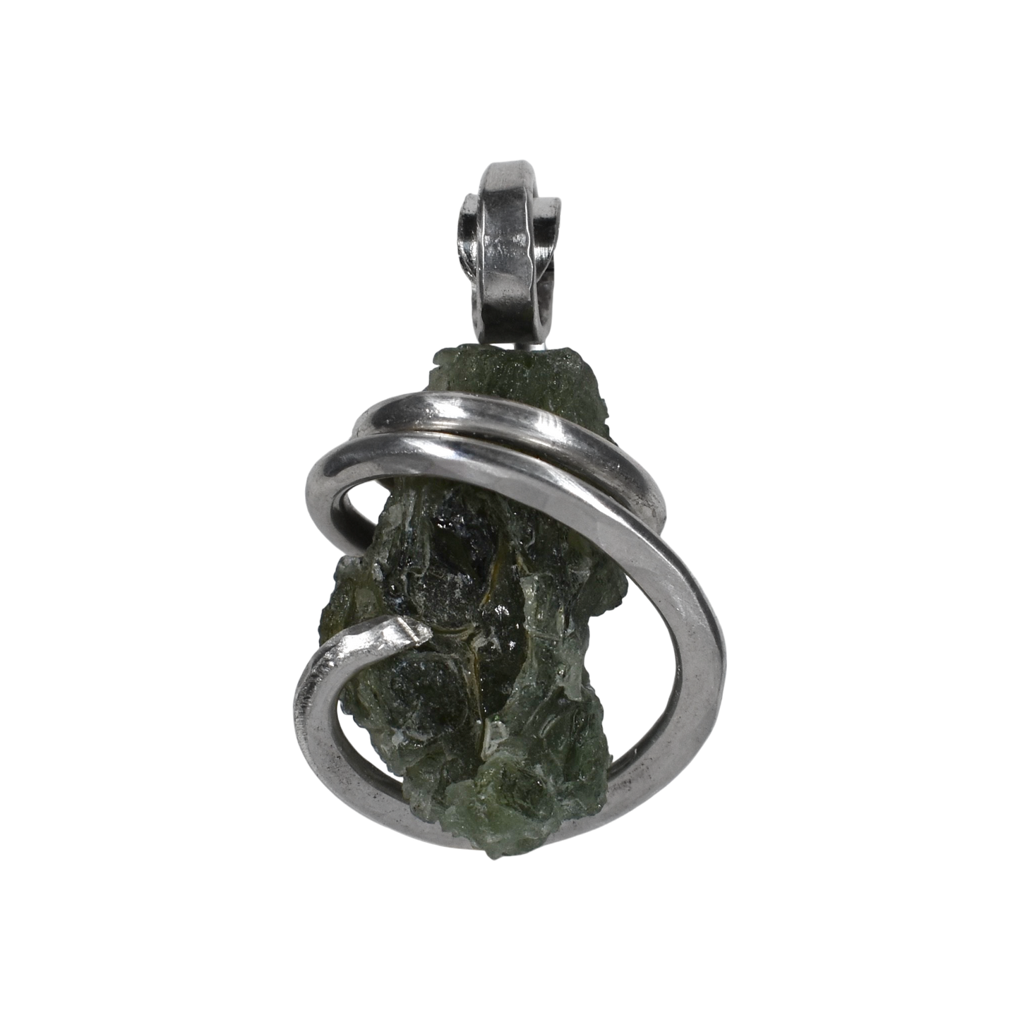 Moldavite Crystal or Tektite (Green Meteorite) Pendant Hand Wrapped in Sterling Silver