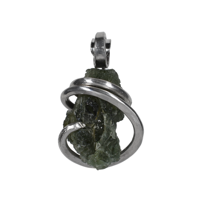 Moldavite Crystal or Tektite (Green Meteorite) Pendant Hand Wrapped in Sterling Silver