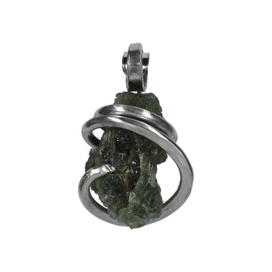Moldavite Crystal or Tektite (Green Meteorite) Pendant Hand Wrapped in Sterling Silver