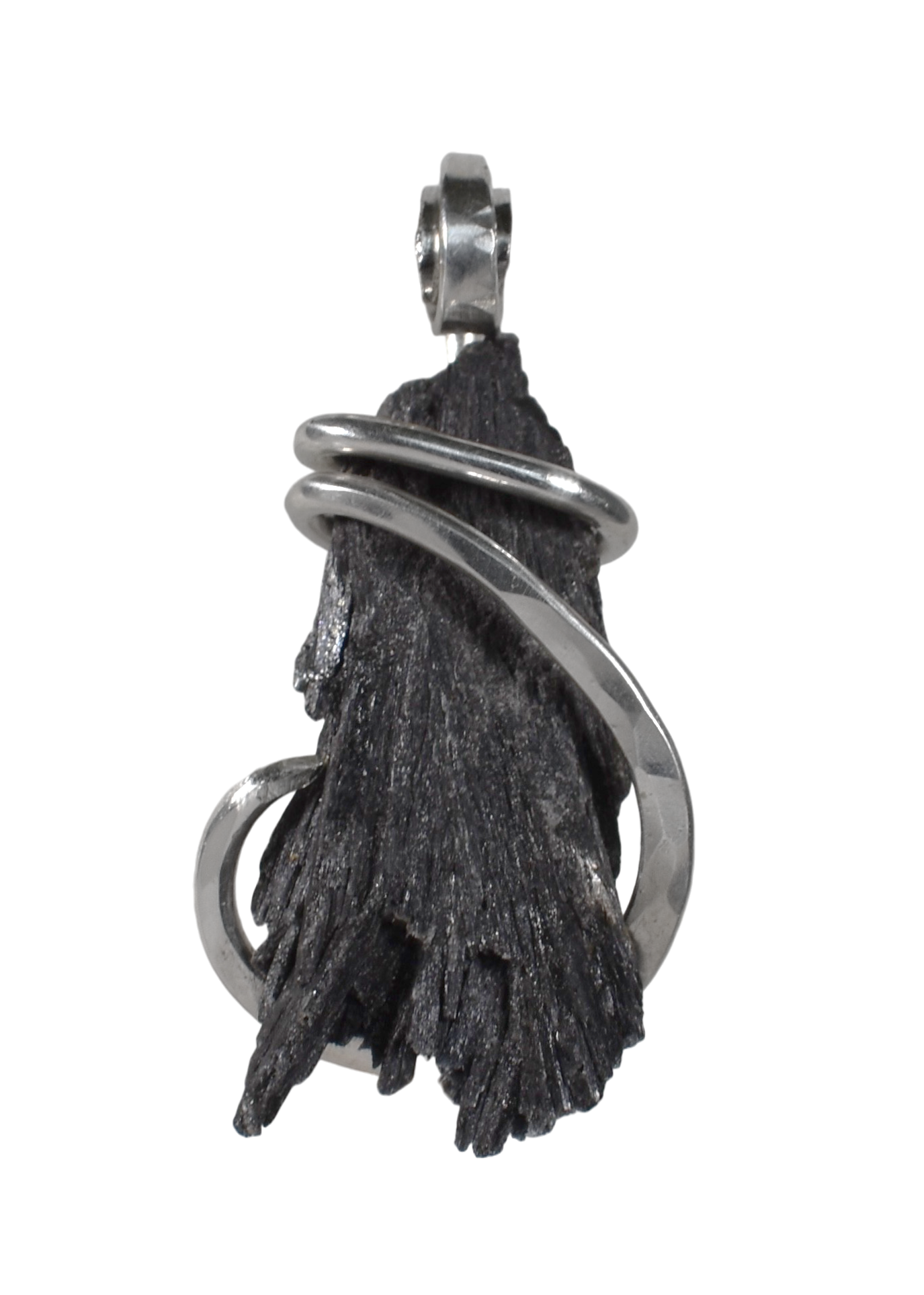Kyanite Black Stone Pendant (Witch's Broom) Hand Wrapped in Sterling Silver