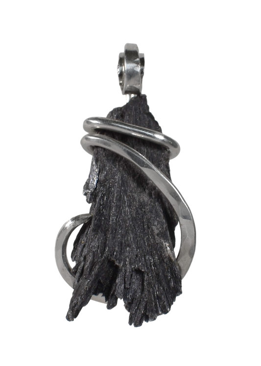 Kyanite Black Stone Pendant (Witch's Broom) Hand Wrapped in Sterling Silver