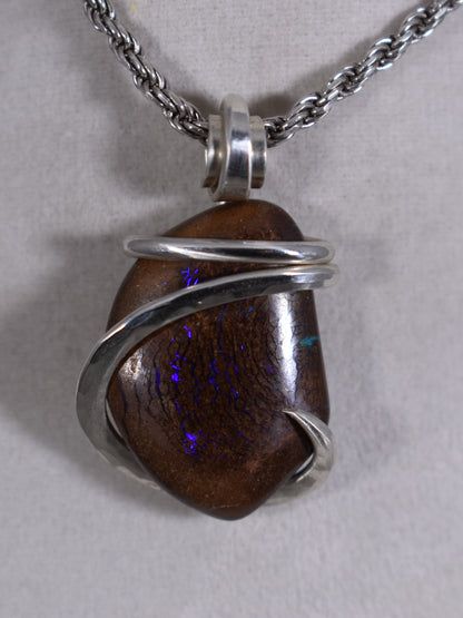 Boulder Opal Handmade Stone Pendant Wrapped in Silver