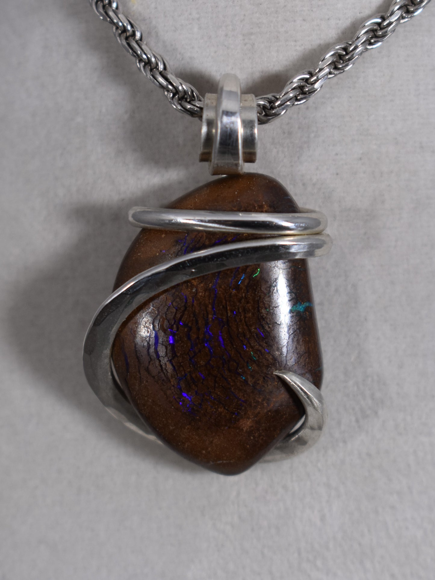 Boulder Opal Handmade Stone Pendant Wrapped in Silver