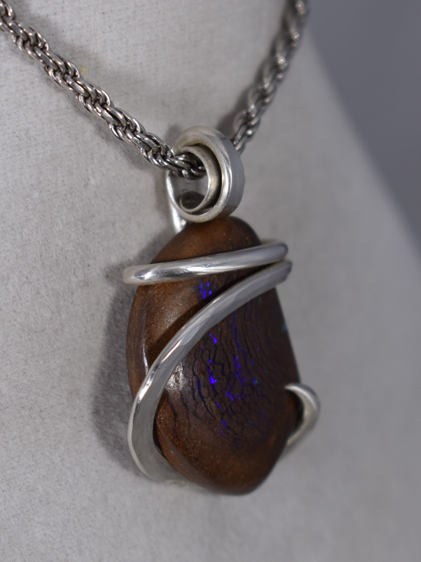 Boulder Opal Handmade Stone Pendant Wrapped in Silver