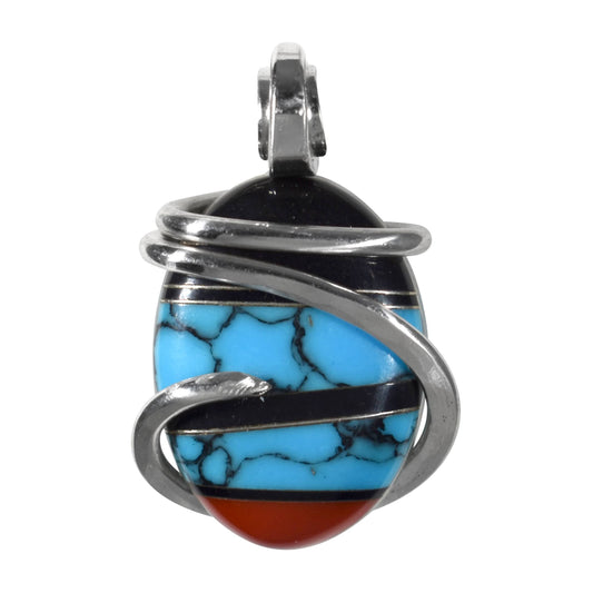 Turquoise, Red Coral and Black Onyx with Silver Inlays Handmade Pendant Wrapped in Silver (Antique Bead)