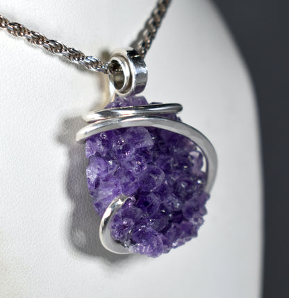 Amethyst Drusy Handmade Crystal Pendant Wrapped in Silver